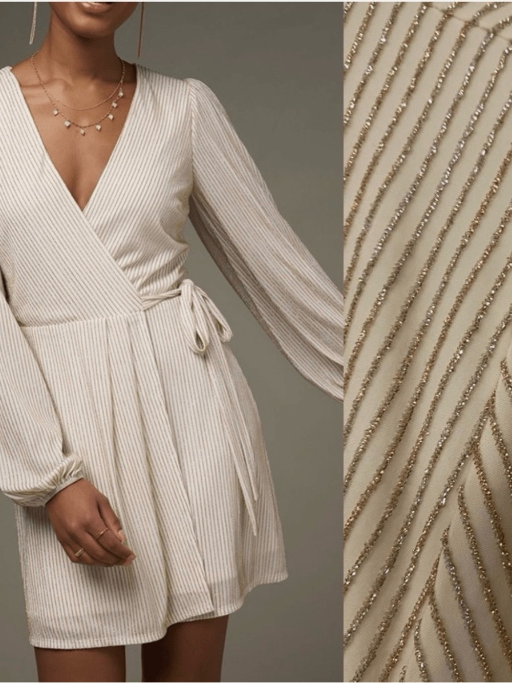 Francesca's Claudia Cream Wrap Dress with Gold Metallic Stripes
